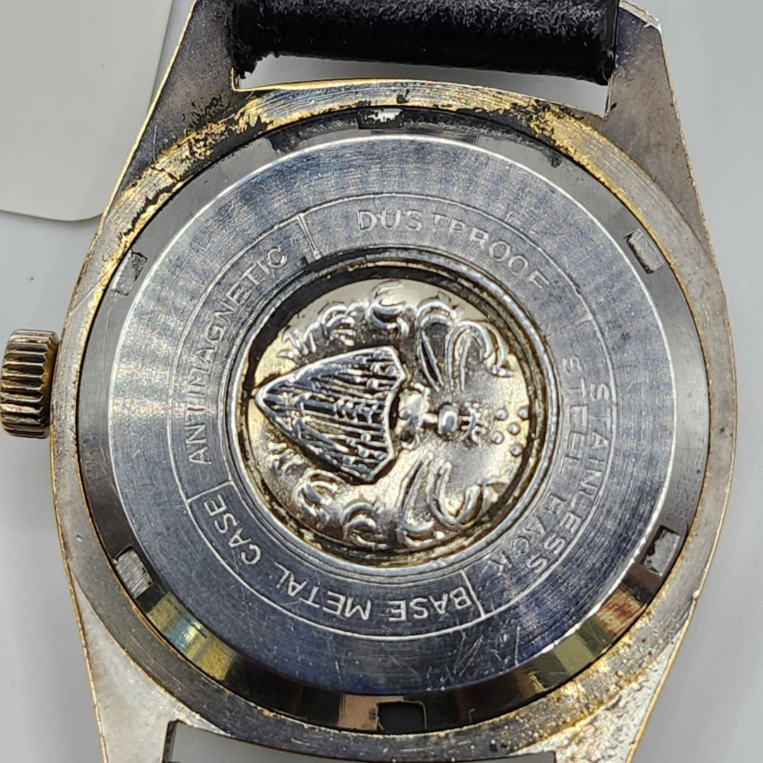 Genova De Luxe 21 Jewels Mechanical Watch Fluted Bezel & Black Leather Strap
