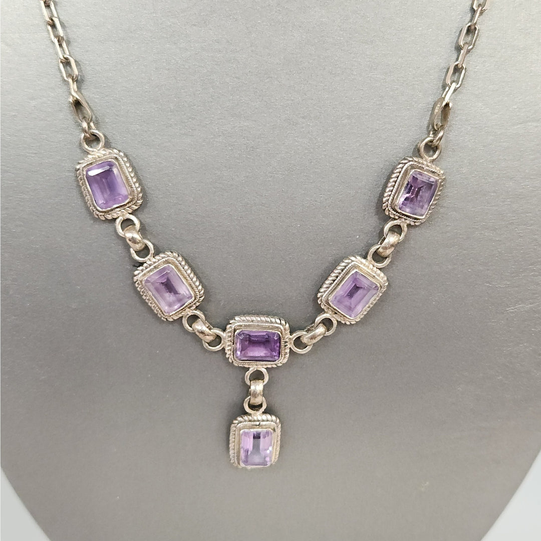 Vintage 925 Sterling Silver Natural Rectangular Purple Amethyst Necklace 19"