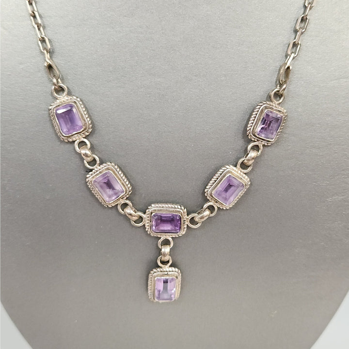 Vintage 925 Sterling Silver Natural Rectangular Purple Amethyst Necklace 19"