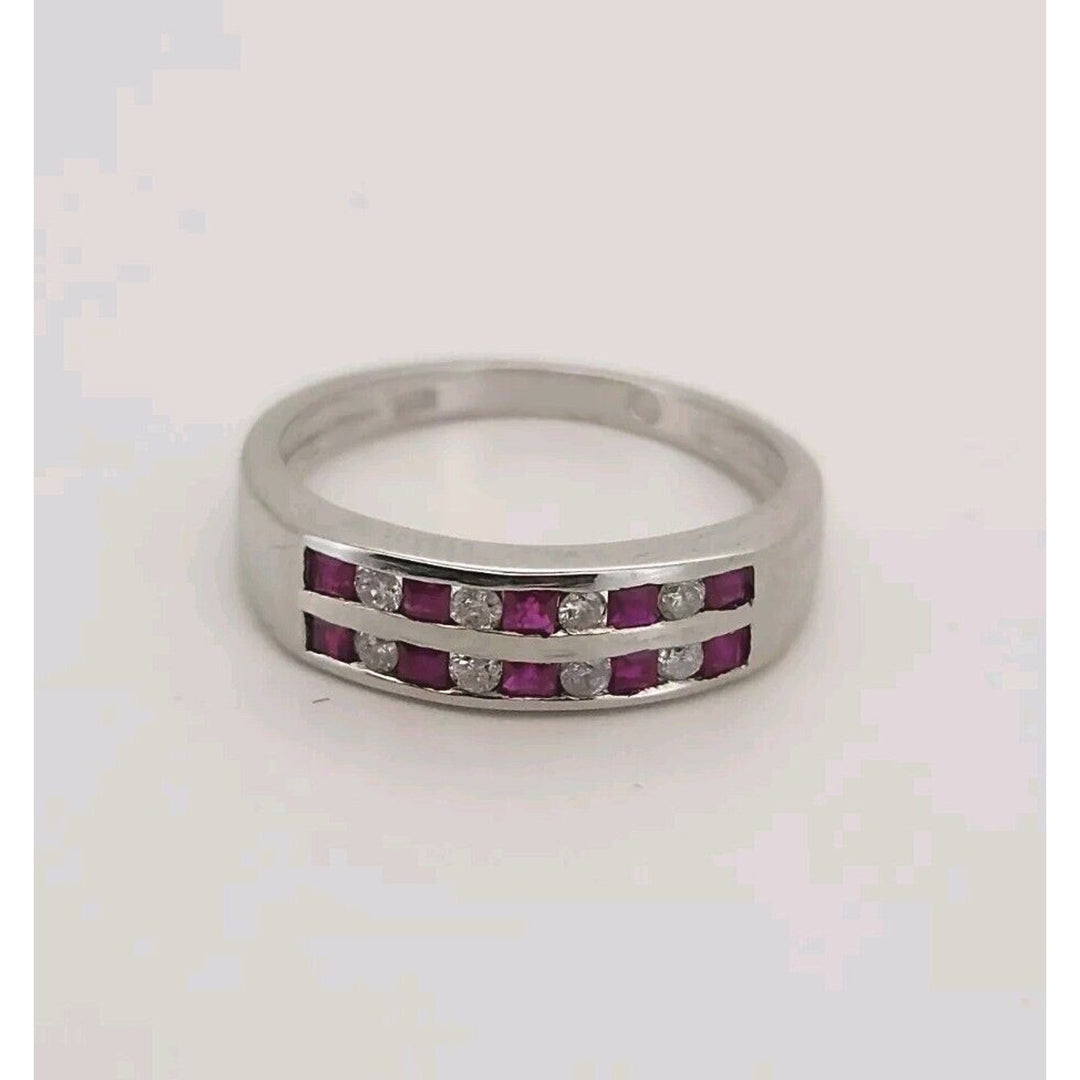 14k White Gold Ruby & Diamond Band Ring Size 6.75