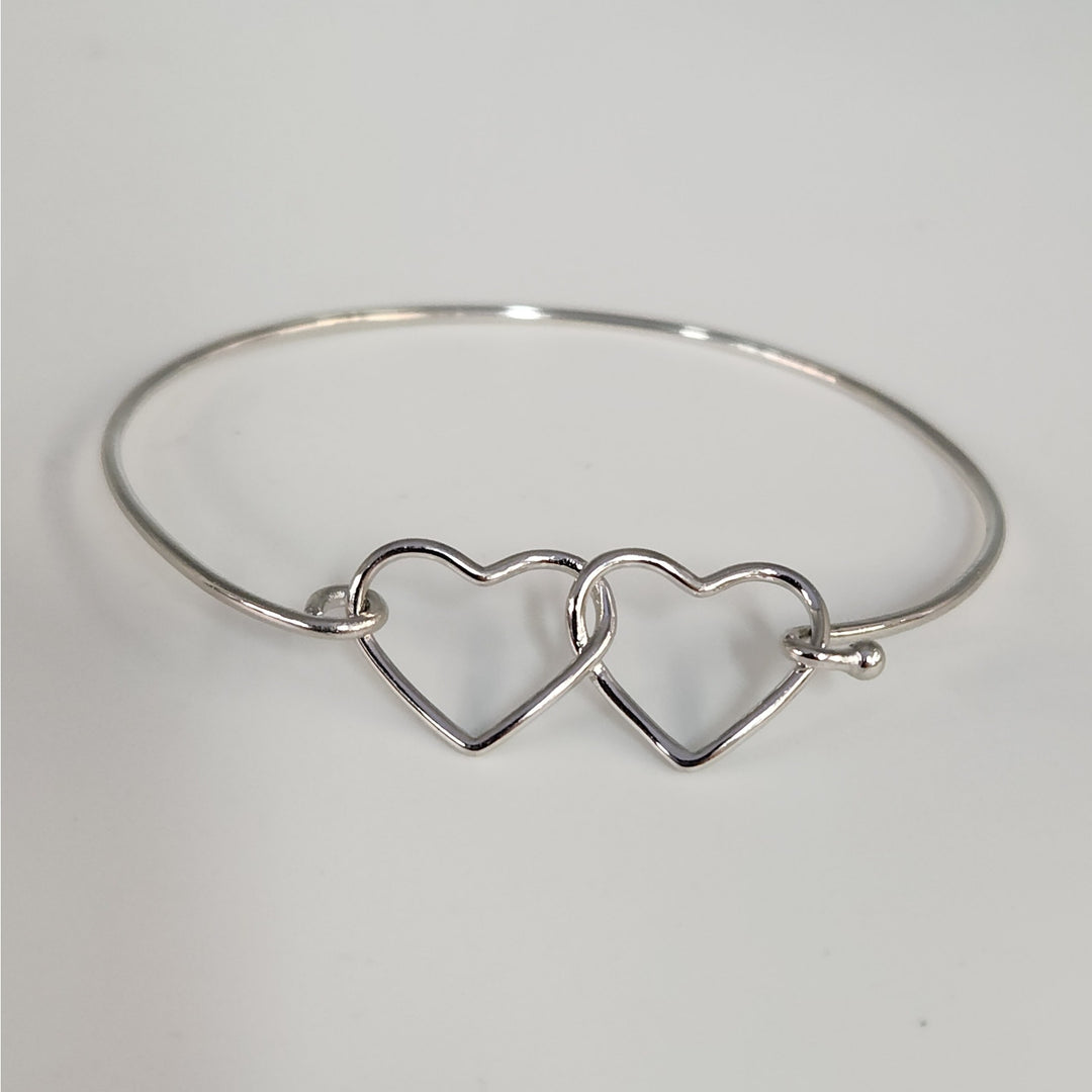 925 Sterling Silver Double Heart Bangle Bracelet