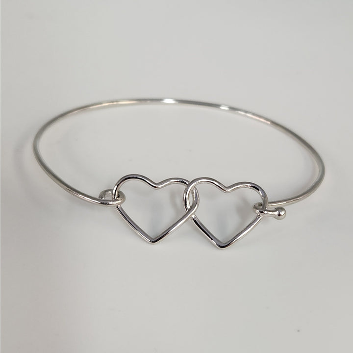 925 Sterling Silver Double Heart Bangle Bracelet