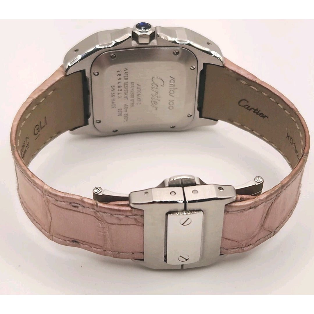 Cartier 36mm Square Pink Leather Band Automatic Stainless Steel Santos 100 W20106X8/ 2878