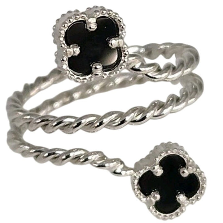 Elegant Silver Double Onyx Clover Adjustable Ring