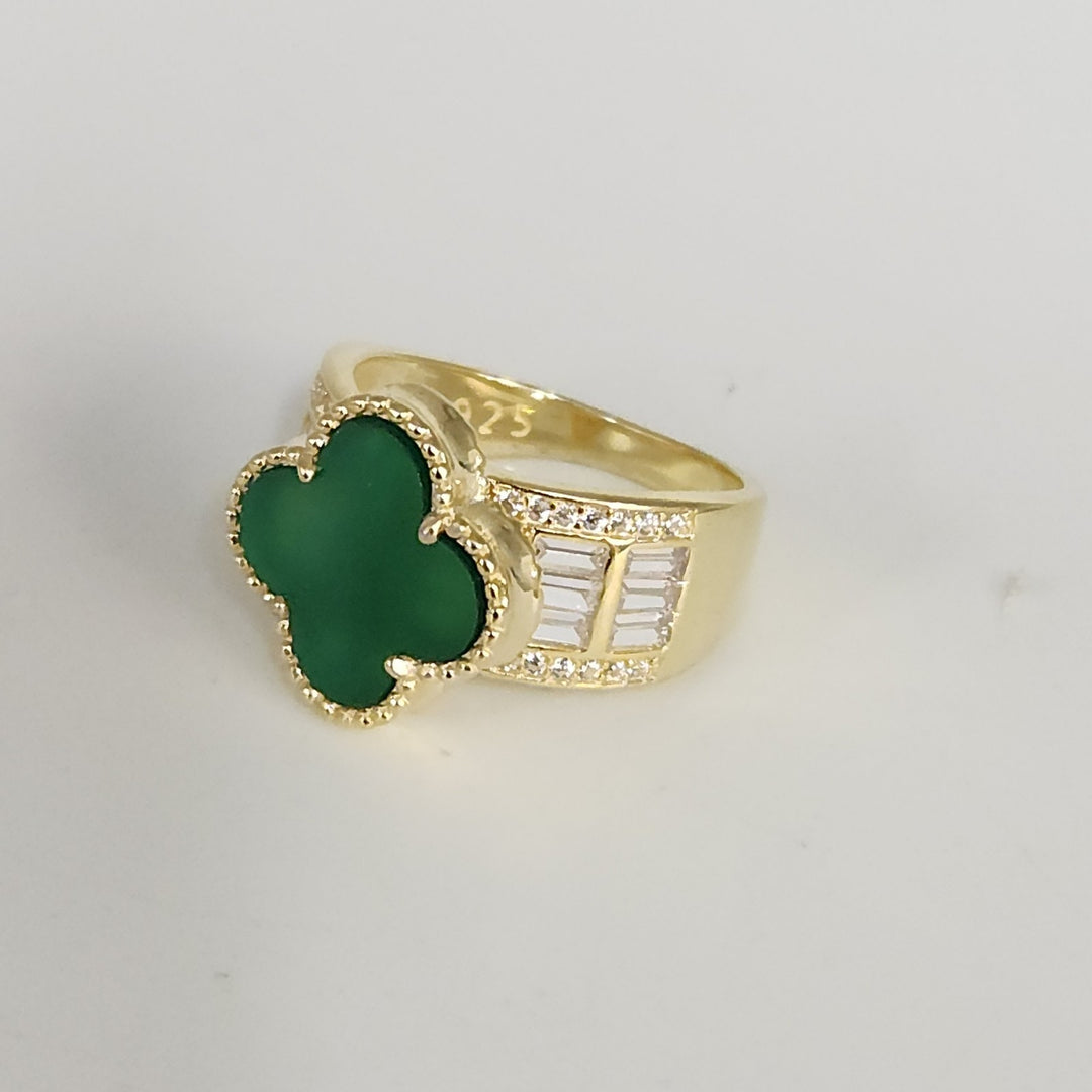 Luxury Gold Plated 925 Silver Clover Ring With Natural Malachite And Zirconia...