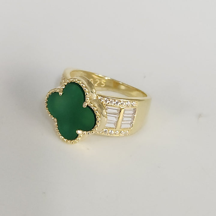 Luxury Gold Plated 925 Silver Clover Ring With Natural Malachite And Zirconia...