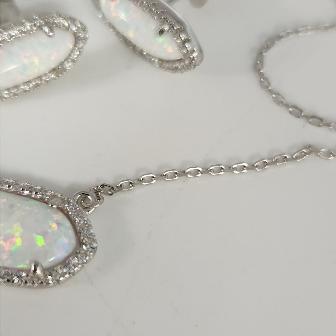 925 Sterling Silver simulated Opal & CZ jewelry set Necklace & Matching Earrings