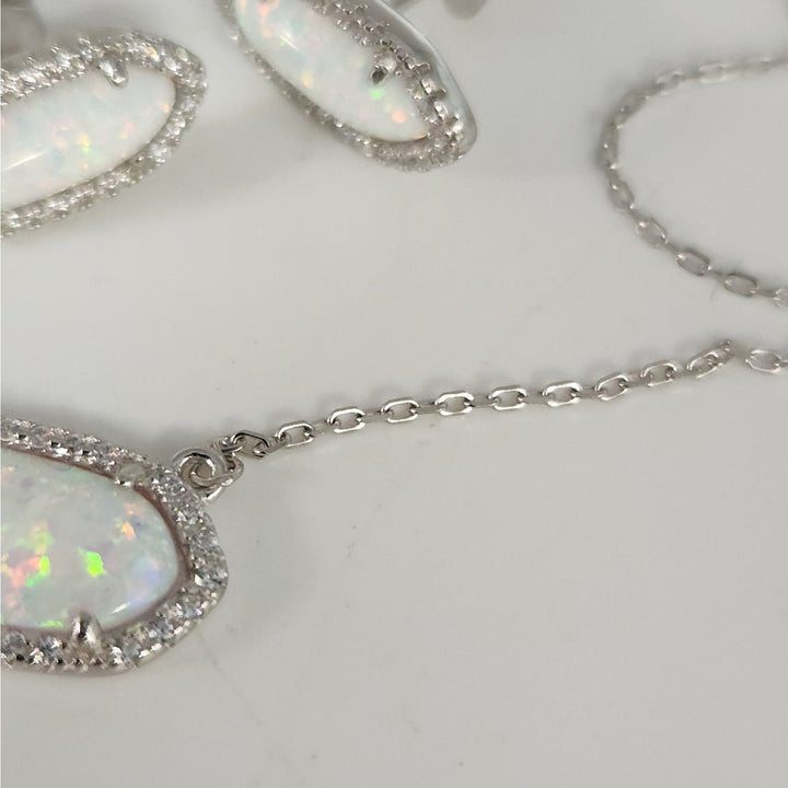 925 Sterling Silver simulated Opal & CZ jewelry set Necklace & Matching Earrings