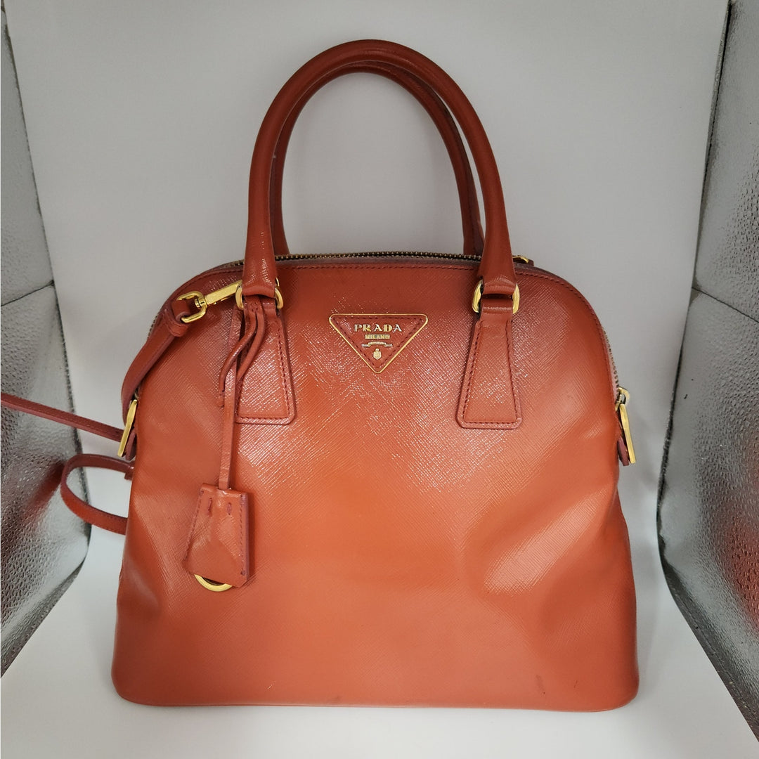Authentic Prada Orange Saffiano Vernic Handbag w/ Gold Hardware & Shoulder Strap