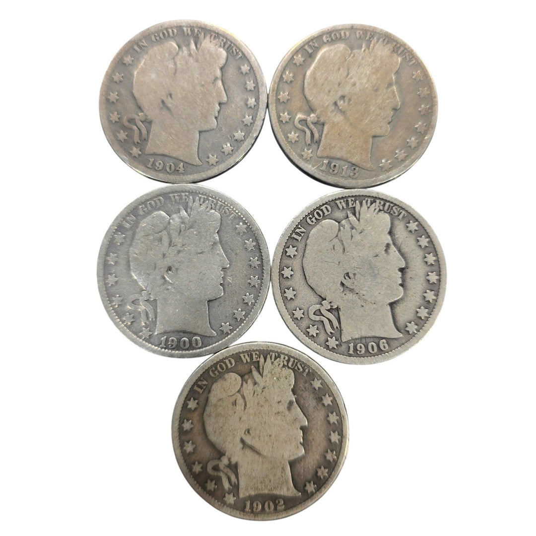 Lot of 5 Barber Half Dollars 90% Silver 1900 1902 1904 1906 1913