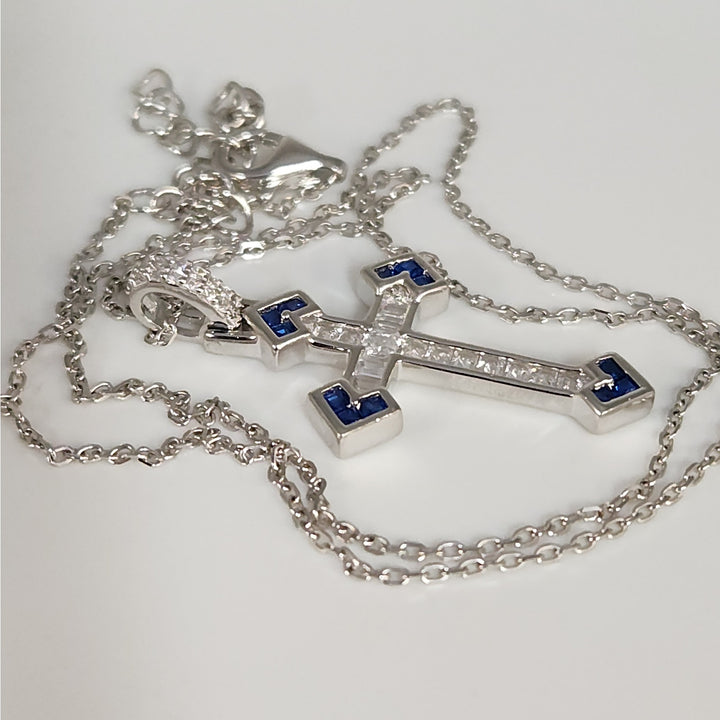 Elegant 925 Sterling Silver Cross Pendant Necklace Baguette CZ & Blue Sapphires