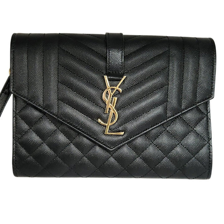 Saint Lauren YSL Black Quilted Envelope Wallet /Crossbody Bag W/ Gold Hardware