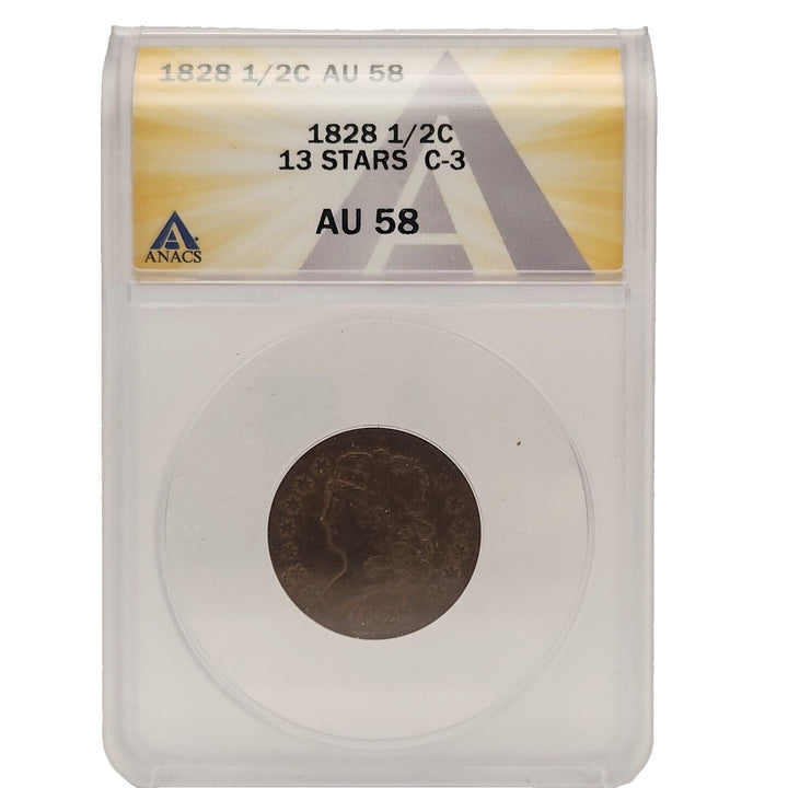 ANACS AU58 DETAILS 1828 Classic Head 13 Stars Copper Half Cent 1/2C C3
