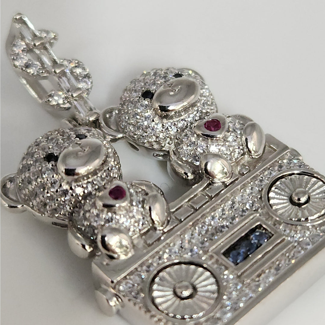 925 Sterling Silver Double Teddy Bear Pendant W/ CZ Accents And Dollar Sign Bail