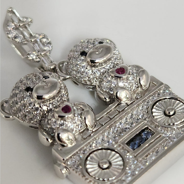 925 Sterling Silver Double Teddy Bear Pendant W/ CZ Accents And Dollar Sign Bail