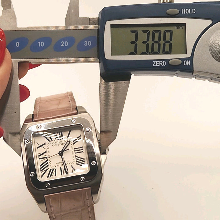 Cartier Square Pink Leather Band Automatic Stainless Steel WR Watch