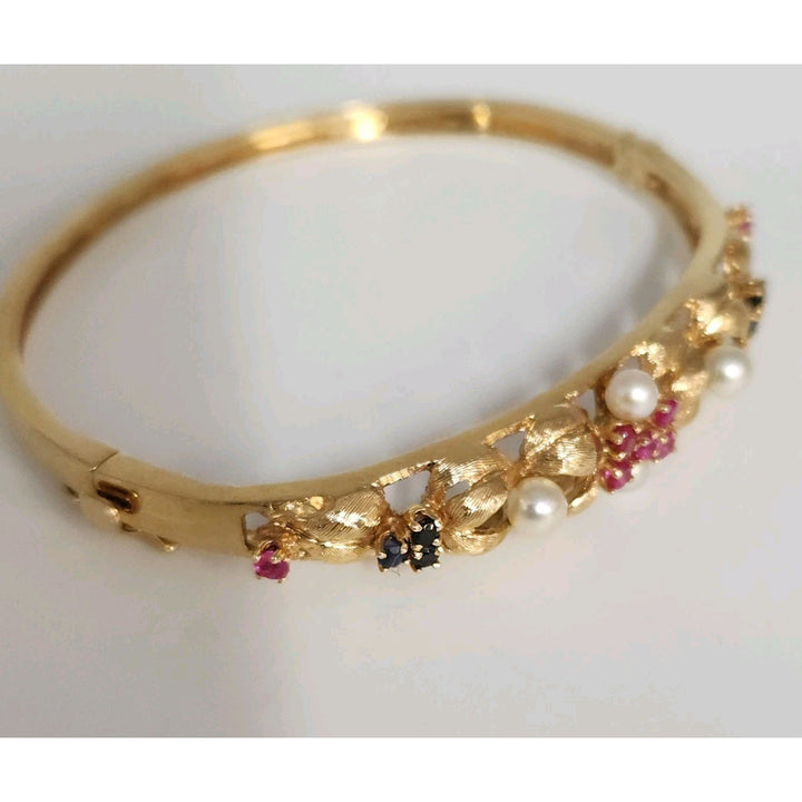 Antique 14k Yellow Gold Pearls,Ruby & Sapphire Bangle Bracelets