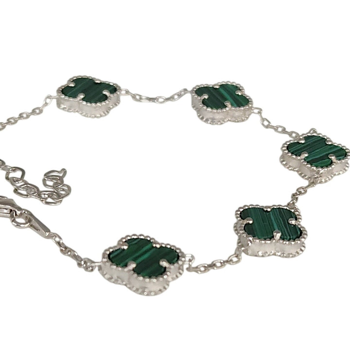 Fashion Silver Bracelet Malachite Floral Clover Links 8"