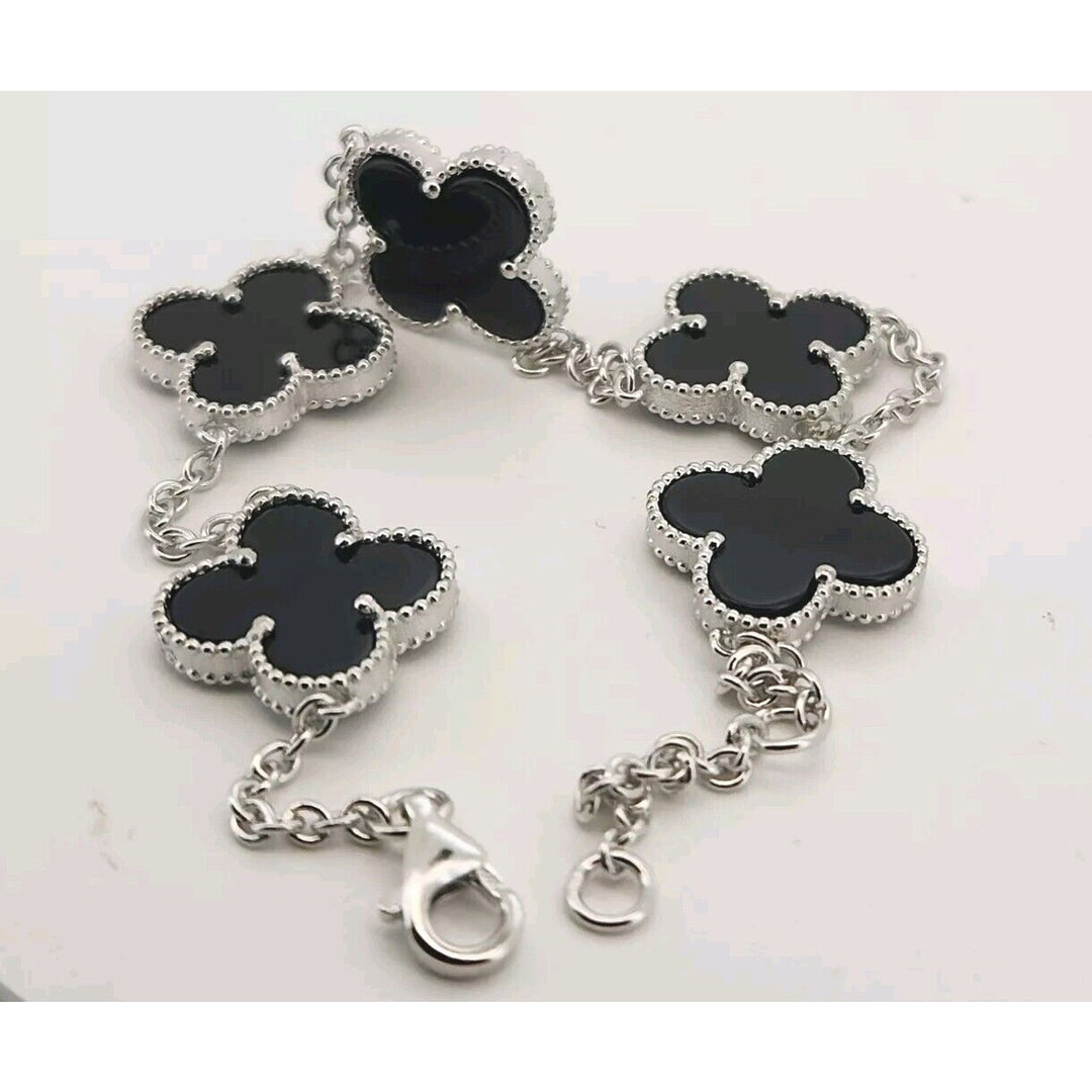 925 Sterling Silver Black Flowers Bracelet 8.2"