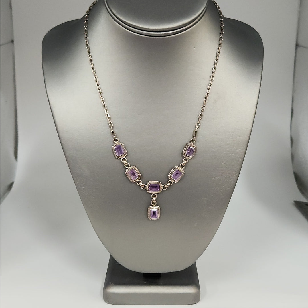 Vintage 925 Sterling Silver Natural Rectangular Purple Amethyst Necklace 19"