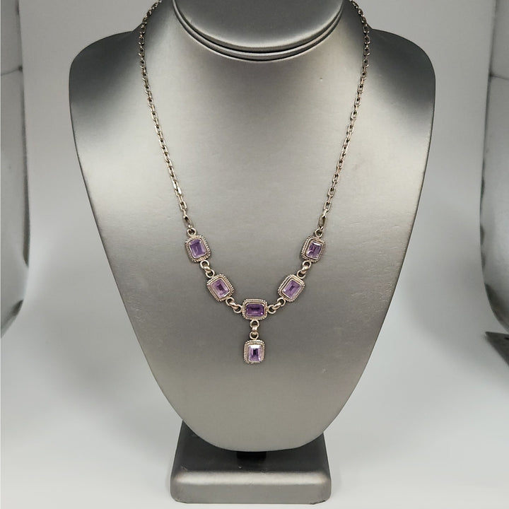 Vintage 925 Sterling Silver Natural Rectangular Purple Amethyst Necklace 19"