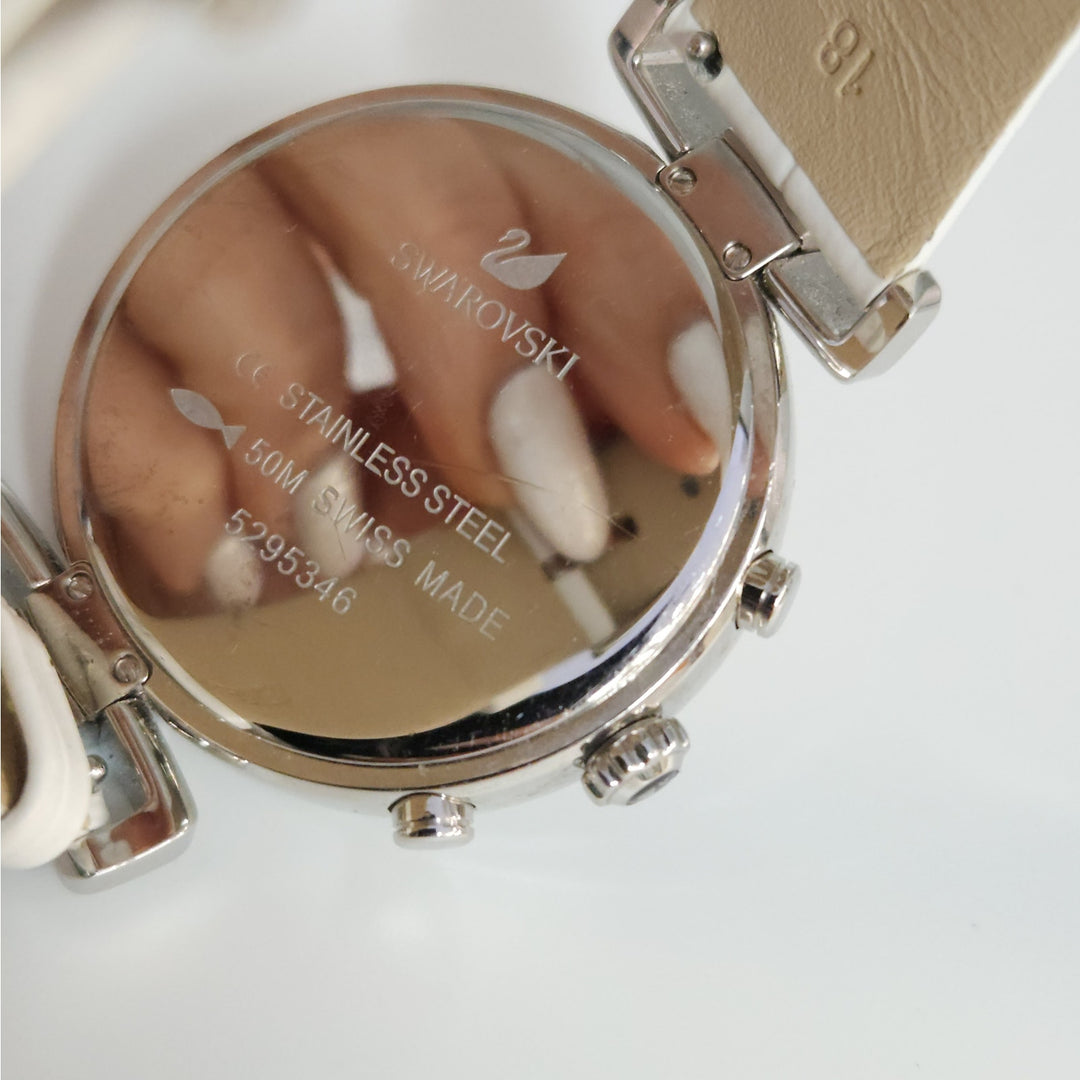 Swarovski Crystal Chronograph Stainless Steel White Leather Strap Watch