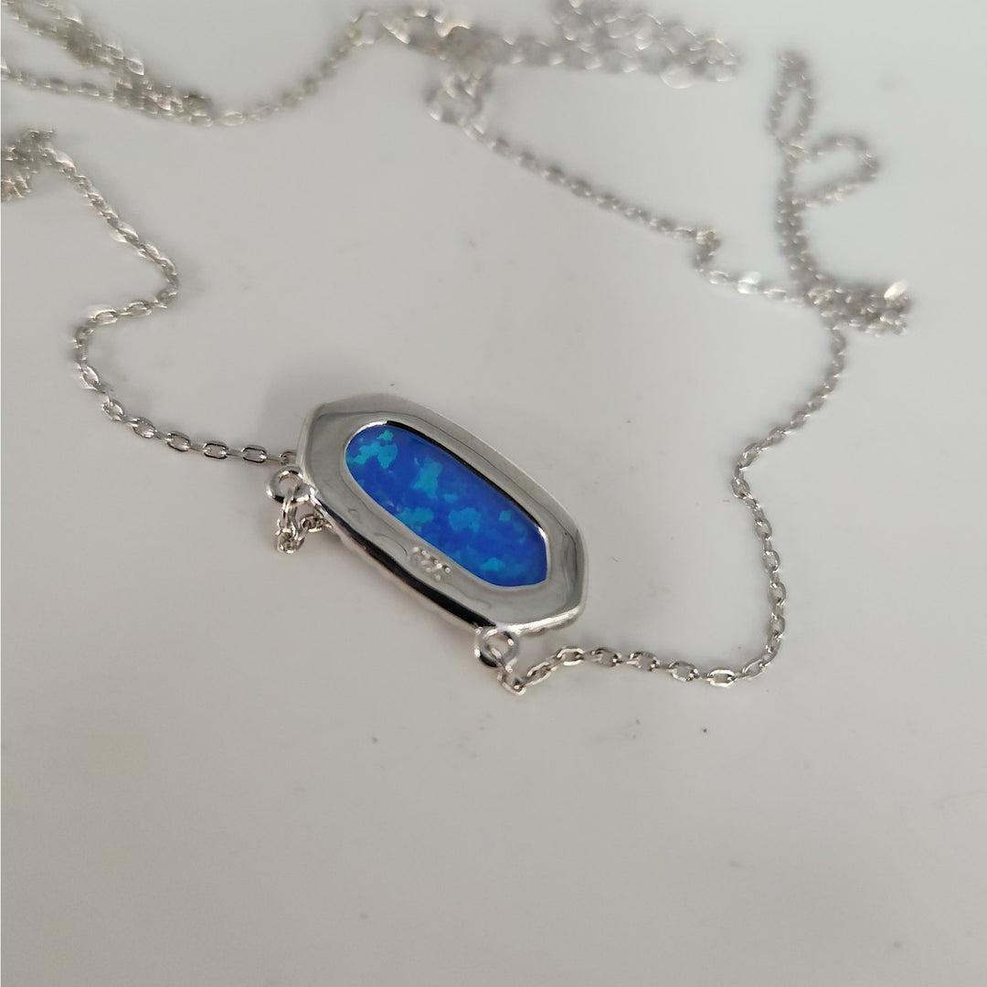 925 Sterling Silver Blue Opal & CZ jewelry set Necklace & Matching Earrings