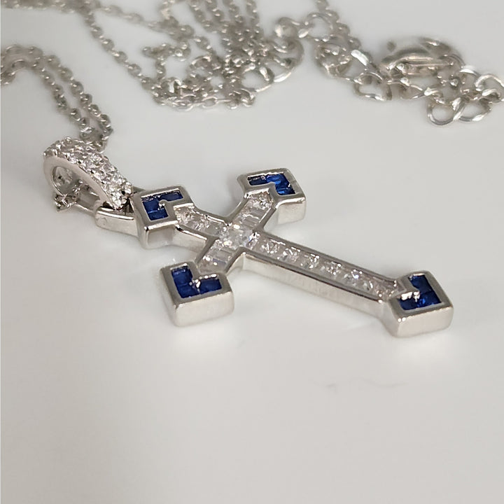 Elegant 925 Sterling Silver Cross Pendant Necklace Baguette CZ & Blue Sapphires