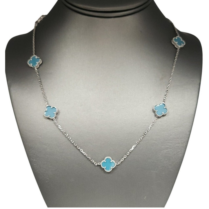 Chic Silver Turquoise Clover Motifs Necklace 21"