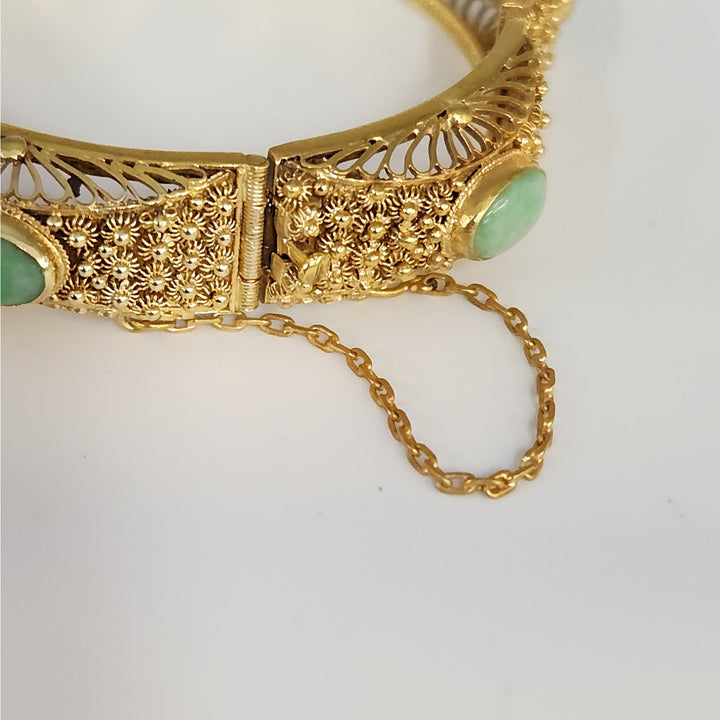 Vintage Natural Jade Gold-Plated Sterling Silver Filigree Hinged Bangle Bracelet