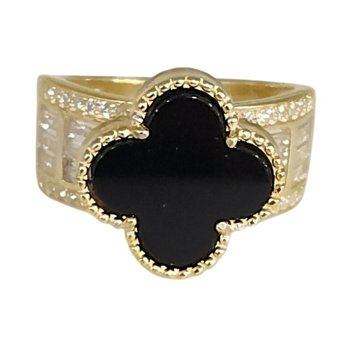 Luxury 925 Silver Gold Plated Onyx Clover Ring With Zirconia Stones Size 6