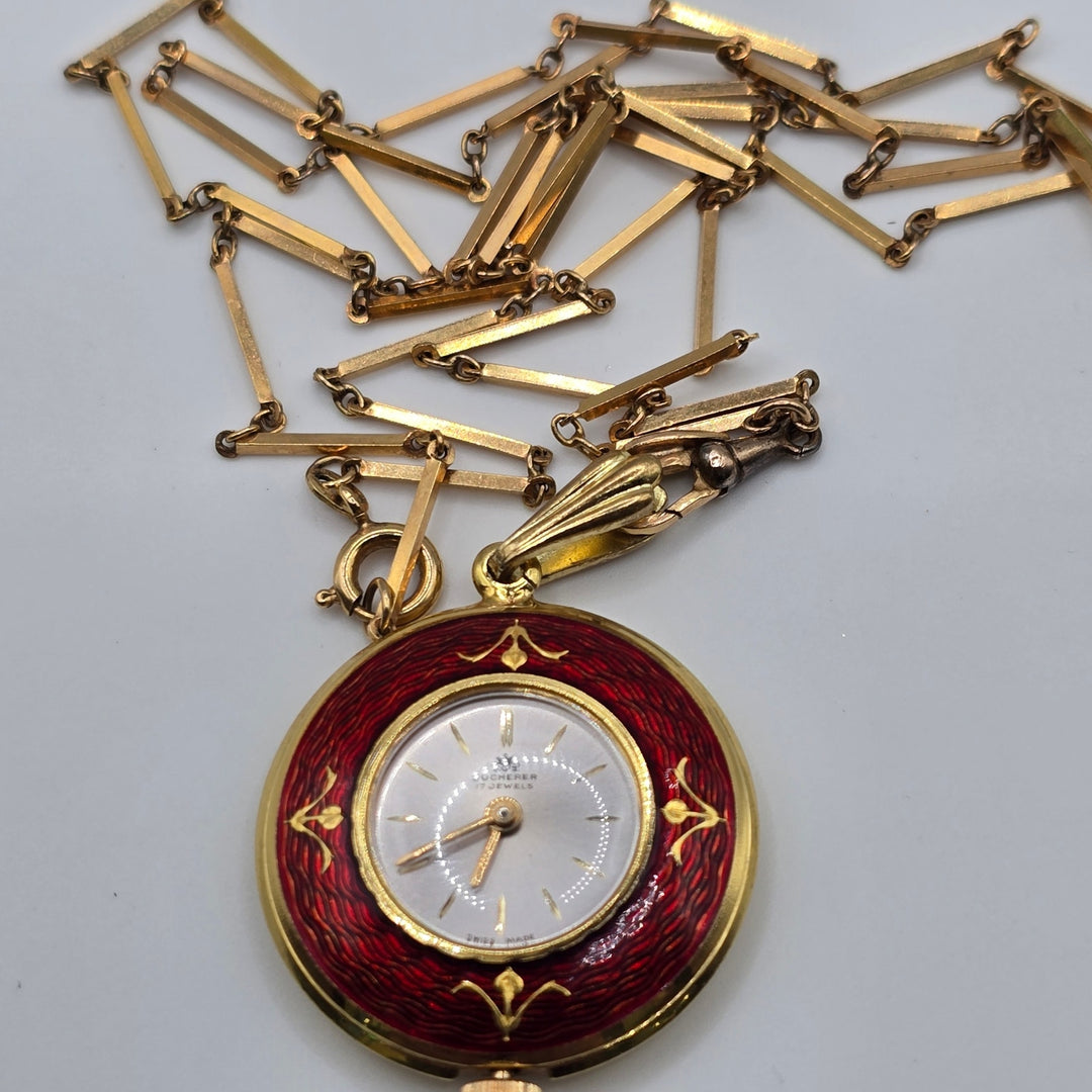 Vintage Bucherer 17 Jewel Swiss Red Enamel Pendant Watch w/ Chain