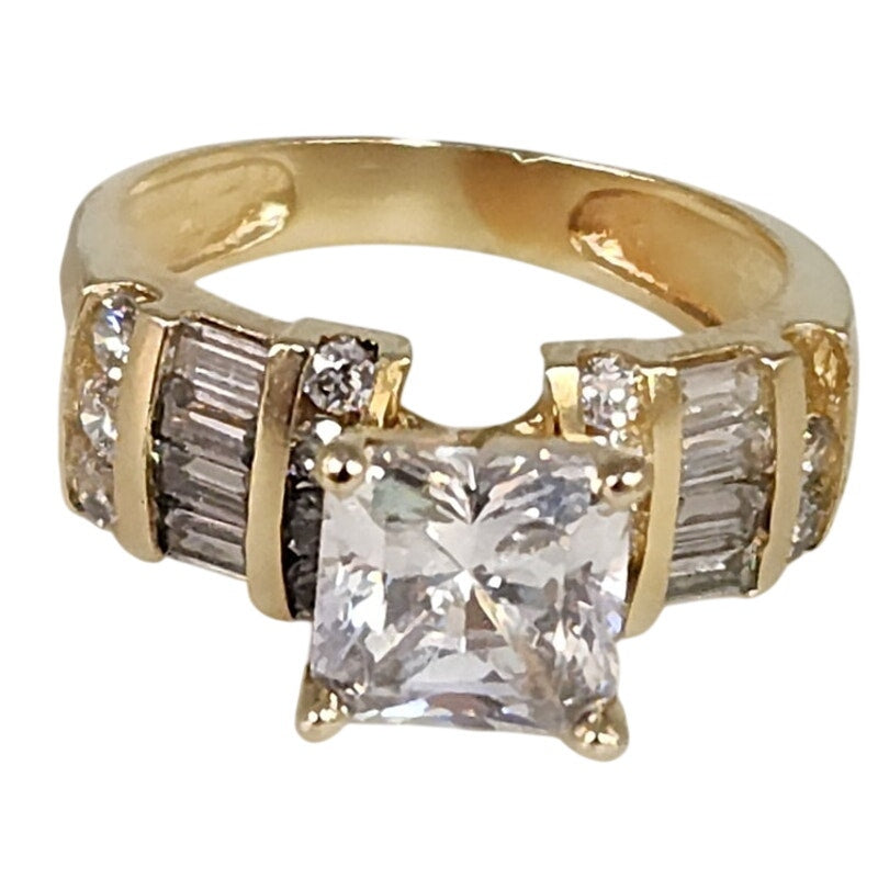 14k Yellow Gold Princess-Cut CZ Ring with Baguette Accents- Size 6