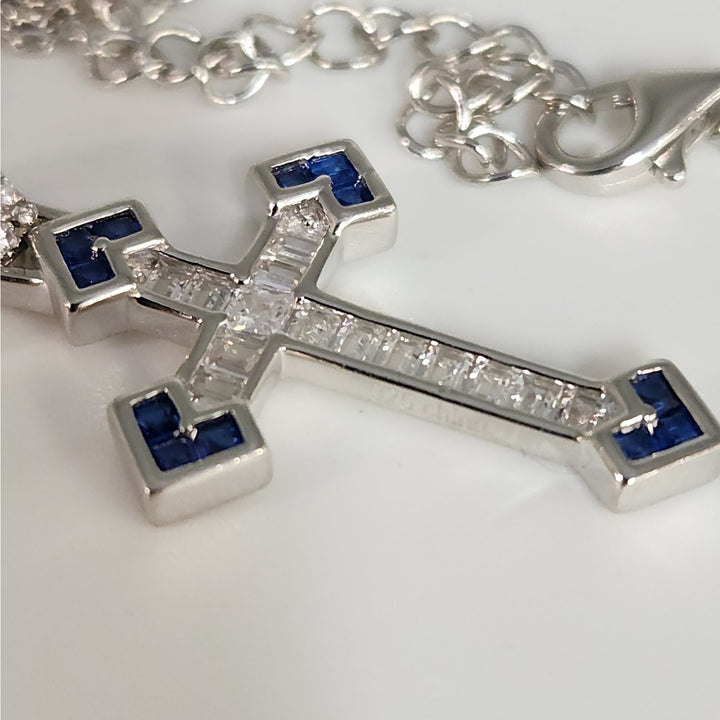 Elegant 925 Sterling Silver Cross Pendant Necklace Baguette CZ & Blue Sapphires
