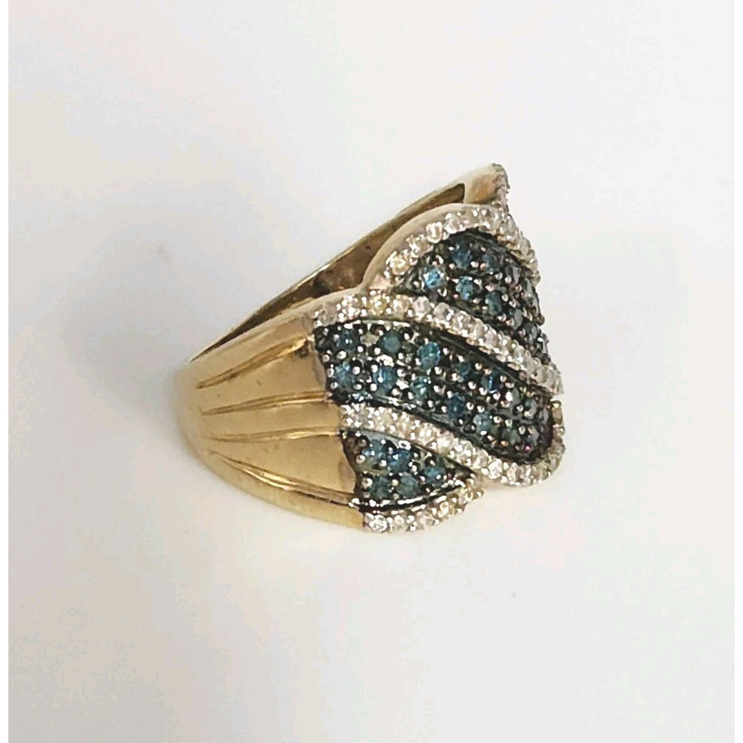 Vintage 10k Yellow Gold Blue And White Diamond Ring Size 6.75