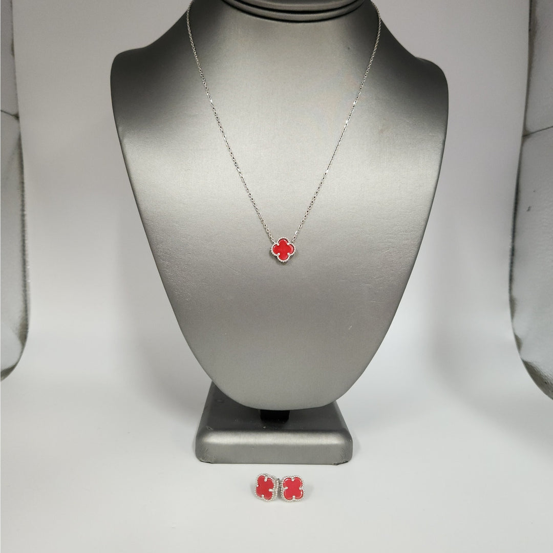 925 Sterling Silver Red Agate Flowers Pendant Necklace And Earrings