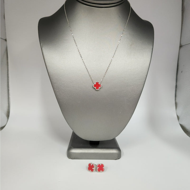 925 Sterling Silver Red Agate Flowers Pendant Necklace And Earrings