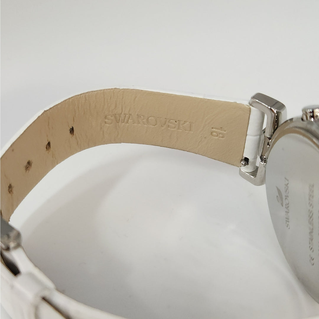 Swarovski Crystal Chronograph Stainless Steel White Leather Strap Watch