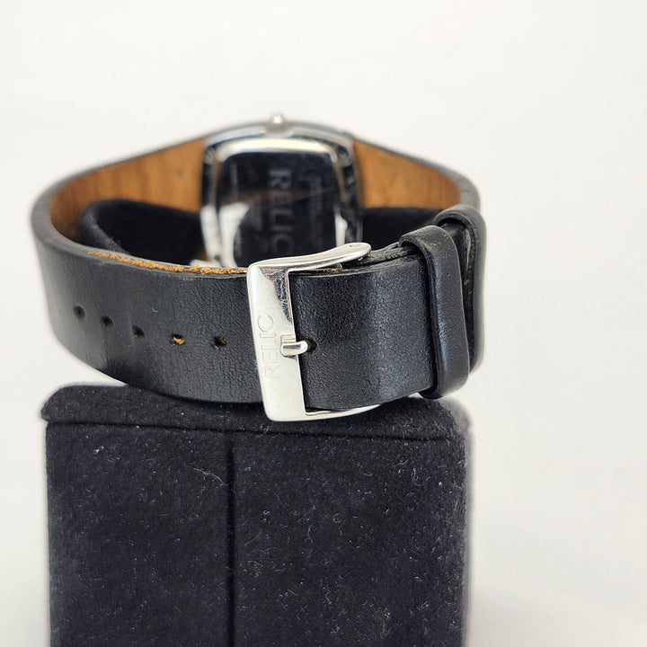 Relic Folio ZR33489 Silver Tonneau Quartz Men's Watch Black Leather Strap