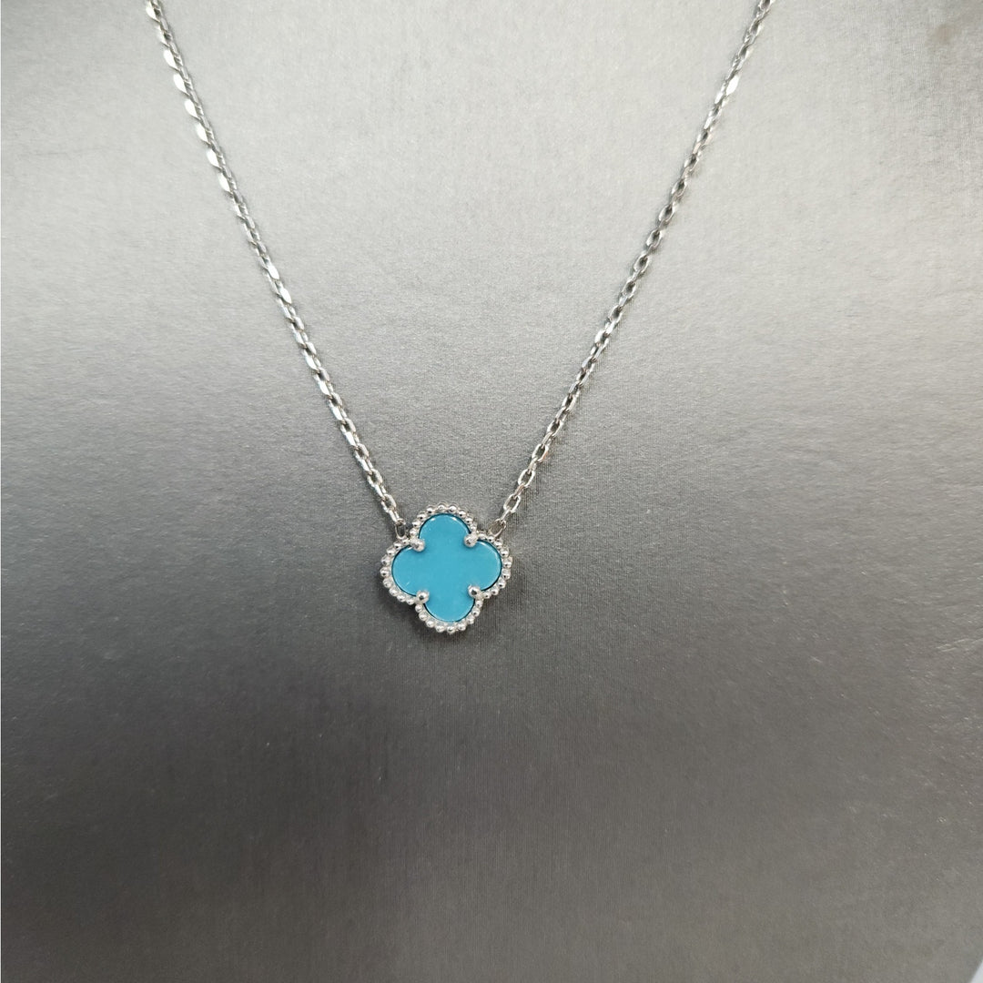 Elegant 925 Sterling Silver Single  Turquoise Clover Pendant Necklace 17.5"