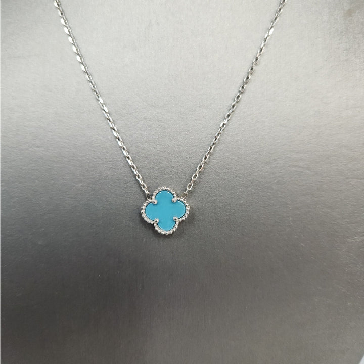 Elegant 925 Sterling Silver Single  Turquoise Clover Pendant Necklace 17.5"
