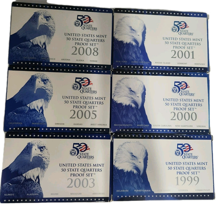 US Mint State Quarter Proof Sets 1999, 2000, 2001, 2003, 2005, 2008
