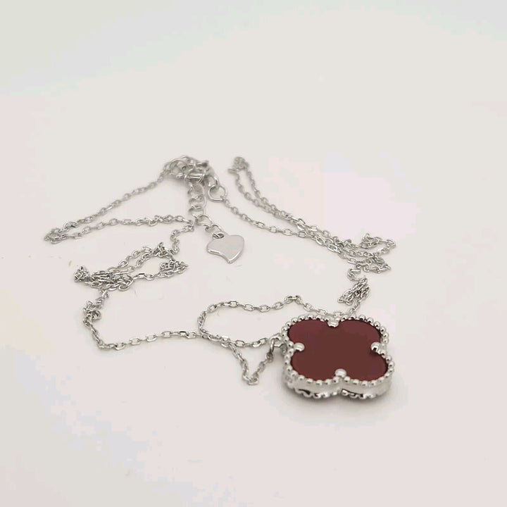 925 Sterling Silver Red Flower Pendant Necklace 17.5" A