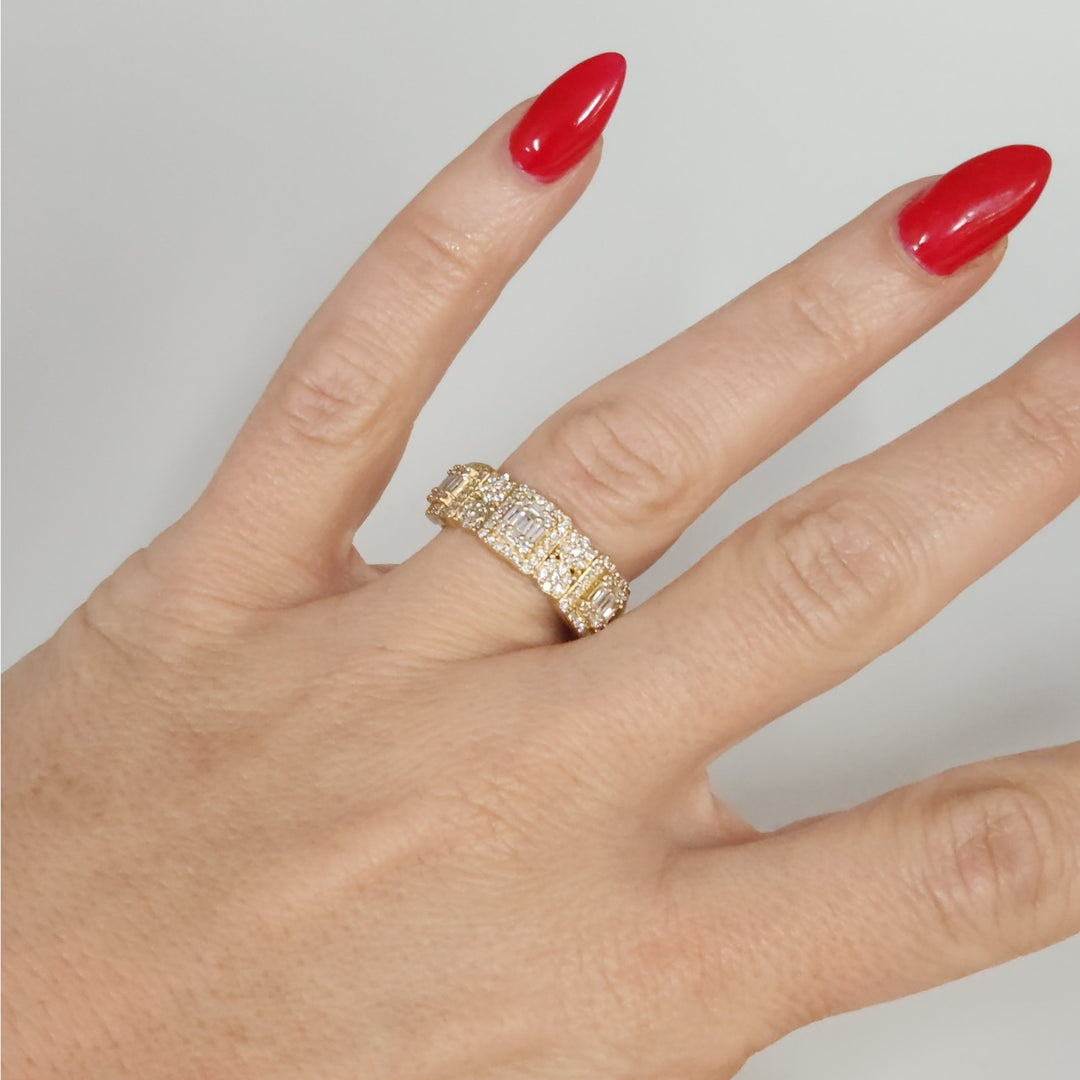 10k Yellow Gold Mult-Row Diamond Cluster Ring Baguette & Round Diamonds Size 10