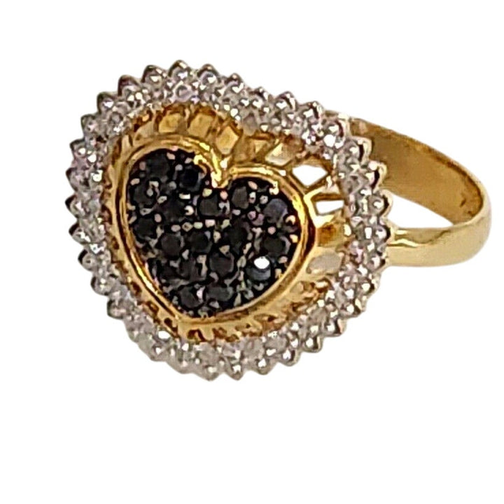 18k Yellow Gold Black &White Diamonds Heart Ring Size 7.25