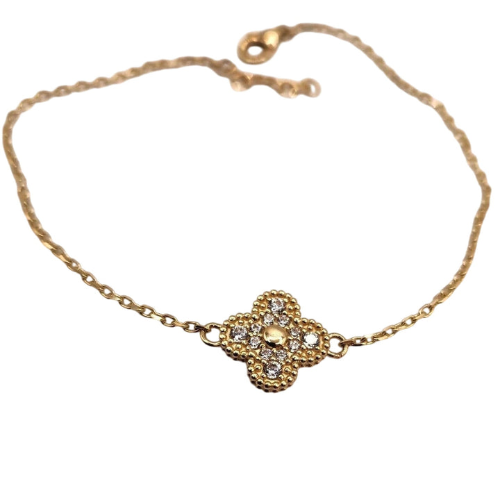 Beautiful 14k Yellow Gold Zirconia Clover Flower Bracelet 7.2"