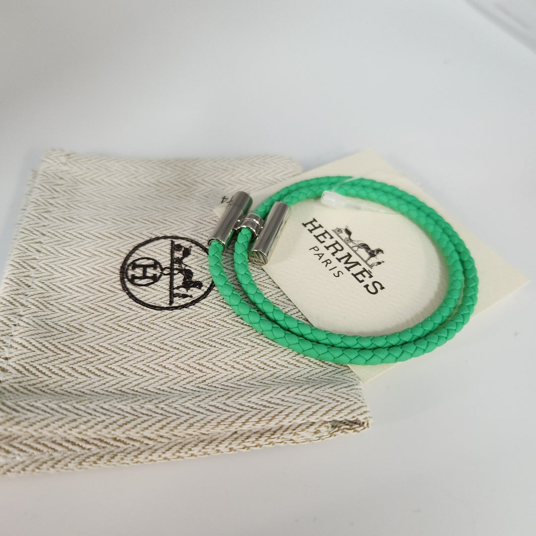 New Hermes Green Tournis Tresse Bracelet Swift Calfskin Authentic T4