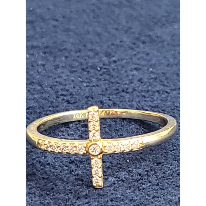 14k Gold Beaded Sideways Cross Ring