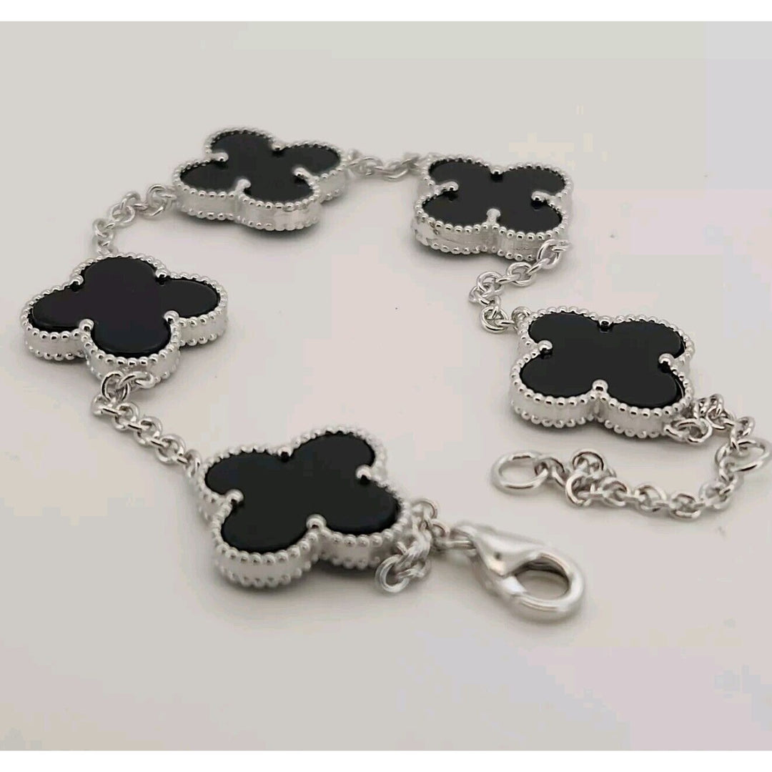 925 Sterling Silver Black Flowers Bracelet 8.2"