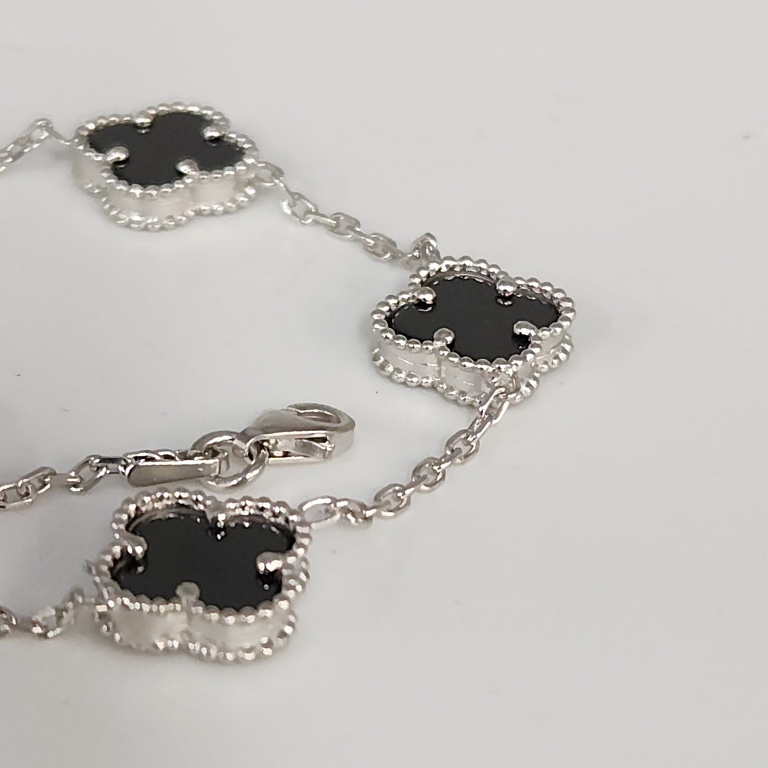 Fashion Silver Onyx Floral Clover Bracelet 8"